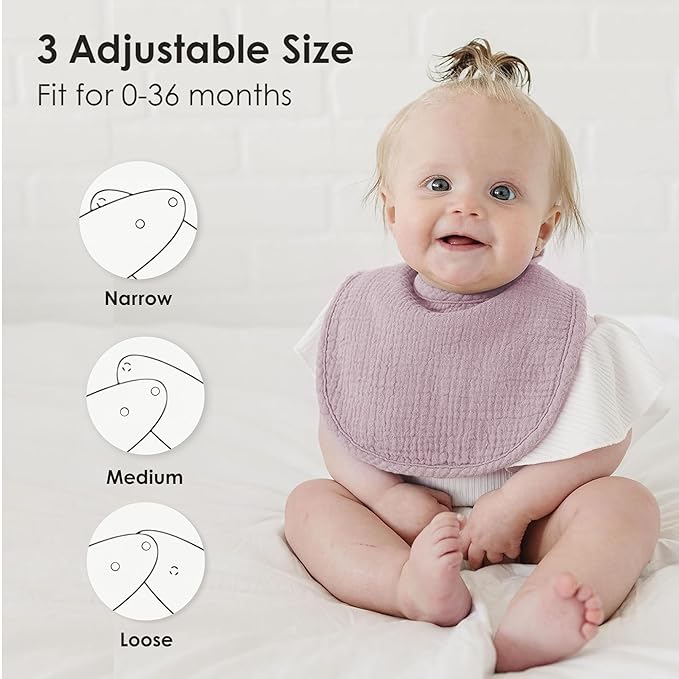 8-Pack Baby Muslin Bibs, Soft Cotton Drool Bibs for Boys Girls, Adjustable and Absorbent Newborn Bib Set for Feeding and Drooling