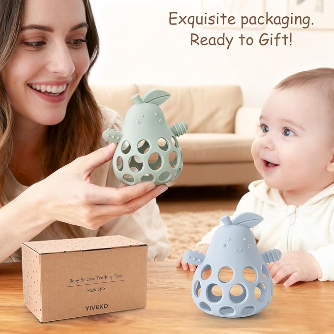 Baby Teething Toy Silicone Teether for Infants, Pear-Shaped Design with Easy-Grip Hole and Nipple-Shaped Ends for Gum Massage & Sensory Development, BPA-Free Safe Baby Chew Toy YIVEKO-Ivory+Sage