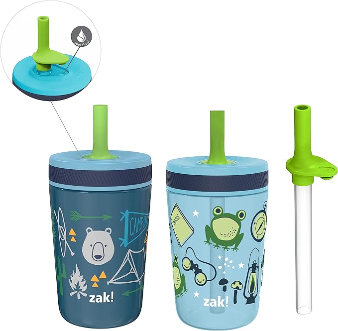 Zak Designs Campout and Camping Kelso Tumbler Set, Leak-Proof Screw-On Lid with Straw, Bundle for Kids Includes Plastic and Stainless Steel Cups with Bonus Sipper, 3pc Set, Non-BPA