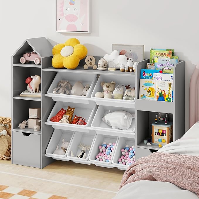 Vabches Kids Toy Organizer with 8 Removable Toy Bins, 4-Tier Toy Storage Organizers W/4 Storage Cubbies, Bookshelf 2 Toy Storage Box on Wheels for Playroom, Kids Room, Nursery Room, Grey