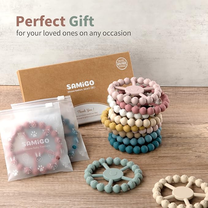 SAMiGO Ring Baby Teether Toys, Silicone Teething Ring Toys for Babies 0-6 6-12 Months, Baby Teethers 0-3 Months, Infant Teething Relief, Boy Girl Baby Essentials Must Haves - 2 Pack
