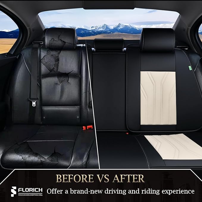 FLORICH Rear Seat Covers Leather Car Seat Covers Waterproof Back Seat Cover Automotive Seat Covers Universal Seat Cushion Protector for Most Cars Trucks SUV-Black&Beige