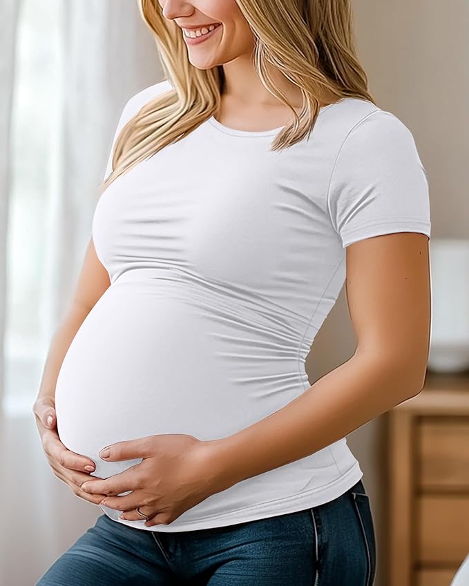 Huukeay 4 Pack Women's Maternity Shirts, Crew Neck Maternity Top Short Sleeve Casual Cotton Tee Side Ruched Pregnancy Clothes