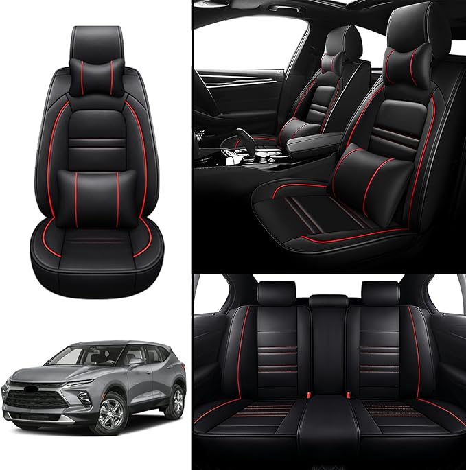 Car Seat Covers for Chevy Blazer 2019-2025 | 5-Seats Seat Covers, Waterproof Seat Protectors, Automotive Seat Covers (Full Set with Pillow,Black&Red Line)