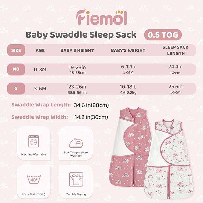 Baby Swaddle Sleep Sack 3-6 Months, Cotton Swaddles for Newborns Girls, 2-Way Zipper Transitional Infant Wearable Swaddling Blanket with Quiet Closure, 0.5 TOG 2 Pack Soft Pink Rainbow