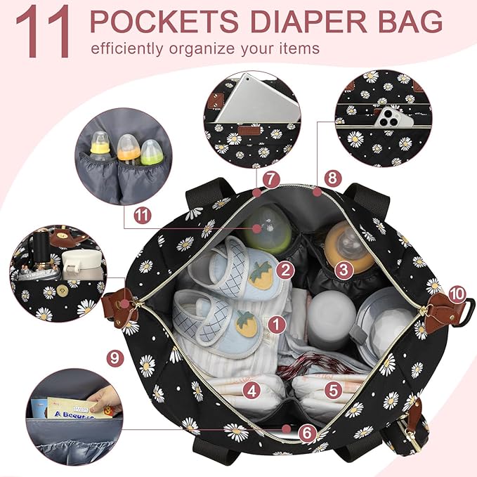 Pritent Diaper Bag Tote - Diaper Baby Bags with Pacifier Case, Shoulder Straps, Stroller Clips, Waterproof Large Mommy Maternity Travel Baby Bag for Mom and Dad, Daisy, Medium