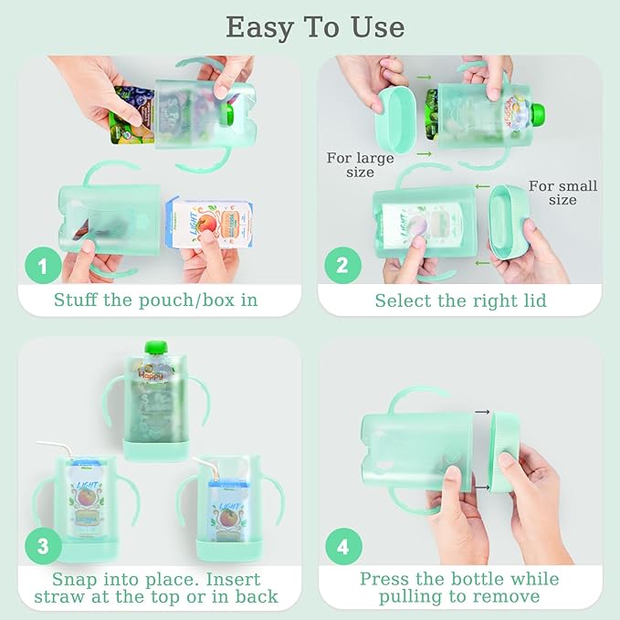 MOMUSE Dual-Lid Squeeze Pouch Holder for Food Pouches & Drink Boxes, Baby Pouch Holder with Larger Capacity, Versatile Design for Self-Feeding, Anti-Squeeze Pouch Holder No Spill No Mess, Pink & Green