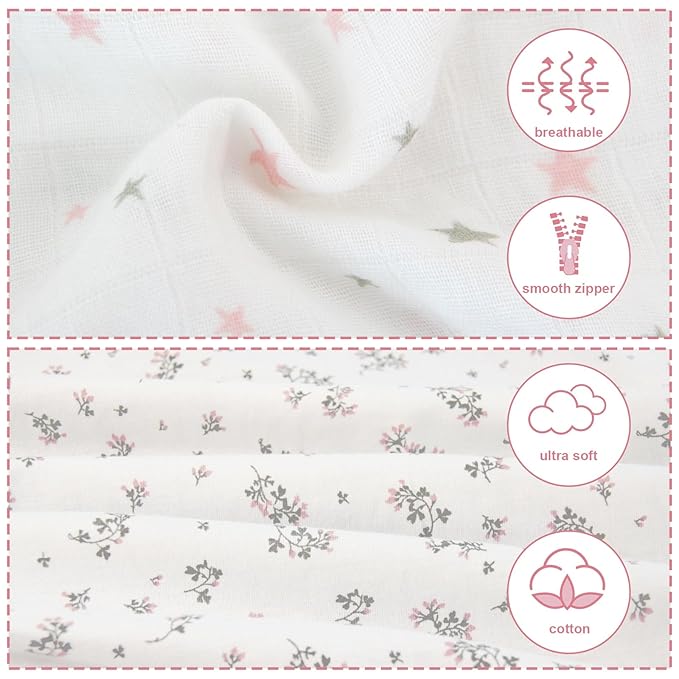 Baby Sleep Sack 6-12 Months 2 Pack, 100% Cotton Toddler Sleeping Bag, 2-Way Zipper Wearable Blanket for Baby Girl, Medium, 0.5 TOG, Pink Star & Bloom