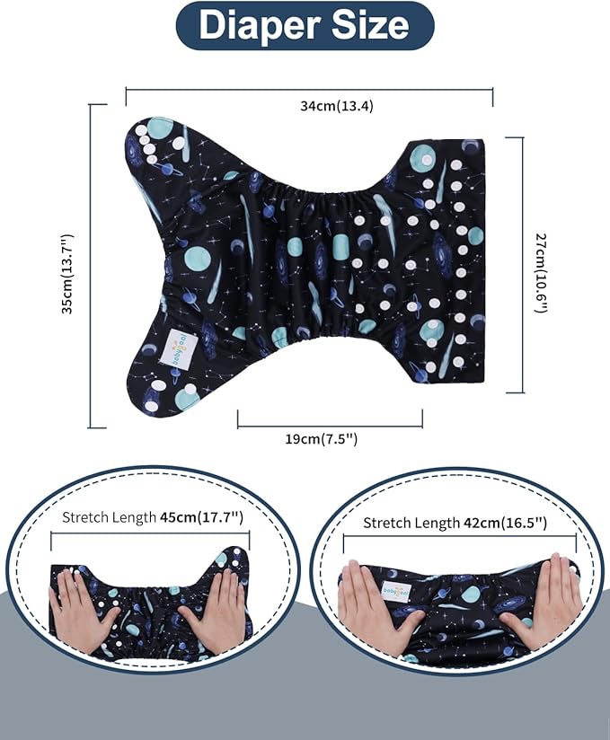 babygoal Reusable Charcoal Cloth Diapers with Double Gussets, 3 Pack Washable Baby Pocket Diapers with 3pcs Charcoal Inserts and Wet Dry Bag(Space,Moon,Star,Rocket)