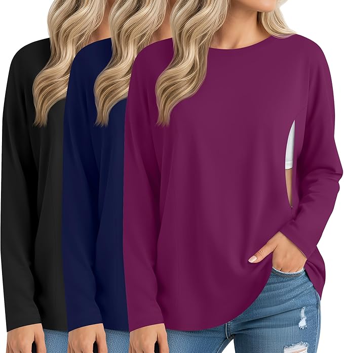 3 Pack Women's Nursing Breastfeeding Tops, Long Sleeve Maternity Shirts Oversize Hidden Zipper Pregnancy Clothes