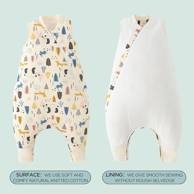 Duomiaomiao 1.5 TOG Toddler Sleep Sack 36-48 Months 100% Cotton Four Season Side Open Zipper Baby Sleep Sack with Feet, Breathable Toddler Wearable Blanket