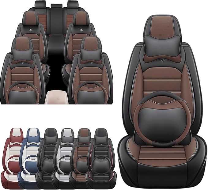 JOJ Car Seat Cover Fit for Toyota Highlander 2001-2025,7 Seat Car Seat Cover,No-Slip Waterproof Breathable Faux Leather,Full Set with Pillow Steering Wheel Covers,Black Coffee