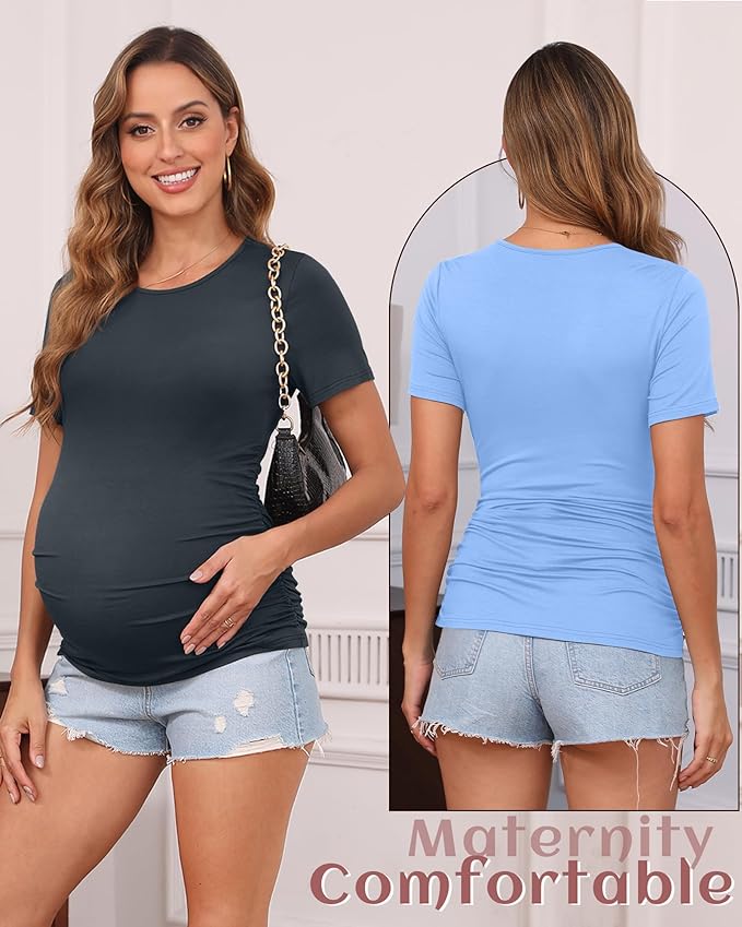Huukeay 4 Pack Women's Maternity Shirts, Crew Neck Maternity Top Short Sleeve Casual Cotton Tee Side Ruched Pregnancy Clothes