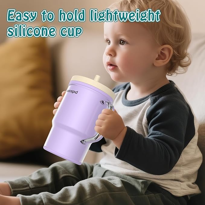 Toddler Cups – 9 oz Adorable Miniature Tumbler with Leak-Resistant Straw and Toddler-Friendly Handle, Encourages Hydration, Easy to Clean, Sippy cups for Toddlers 1-3，BPA Free silicone (Lilac)