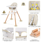 6 in 1 Baby High Chair, Convertible Wooden High Chairs/Booster Seat for Babies and Toddlers, Baby Feeding Chair with 5-Point Harness/Double Removable Tray & Adjustable Footrest (Beige)