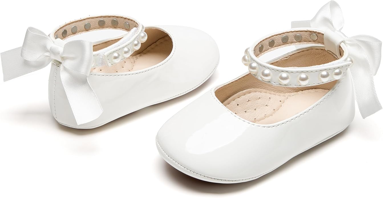 Baby Girls Mary Jane Flats - Infant Newborn Walking Shoes Soft Rubber Sole Princess Wedding