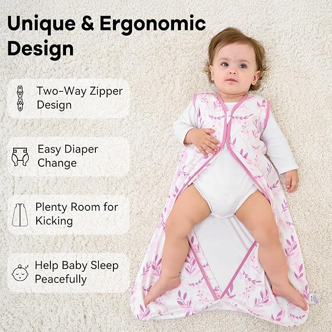 Baby Sleep Sack 6-12 Months 1.0 Tog Baby Wearable Blanket 100% Cotton Sleeping Sack with 2-Way Zipper for Infant Newborn Purple Leaf