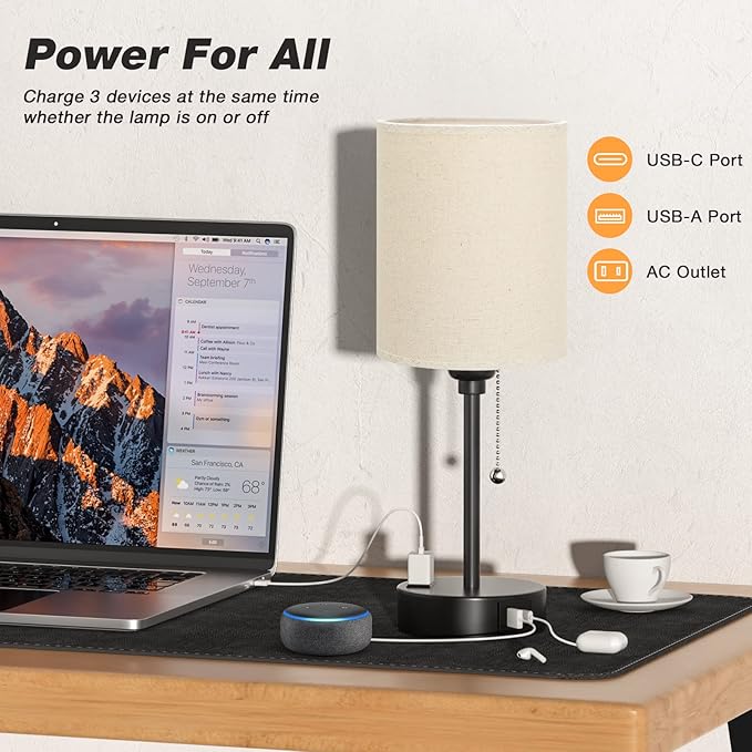 Beige Small Lamps 3 Levels Brightness - 3000K 4000K 5000K Bedside Lamps with USB C and A Ports, Pull Chain Table Lamps with AC Outlet, Nightstand Lamps with Black Metal Base for Bedroom Kids Reading