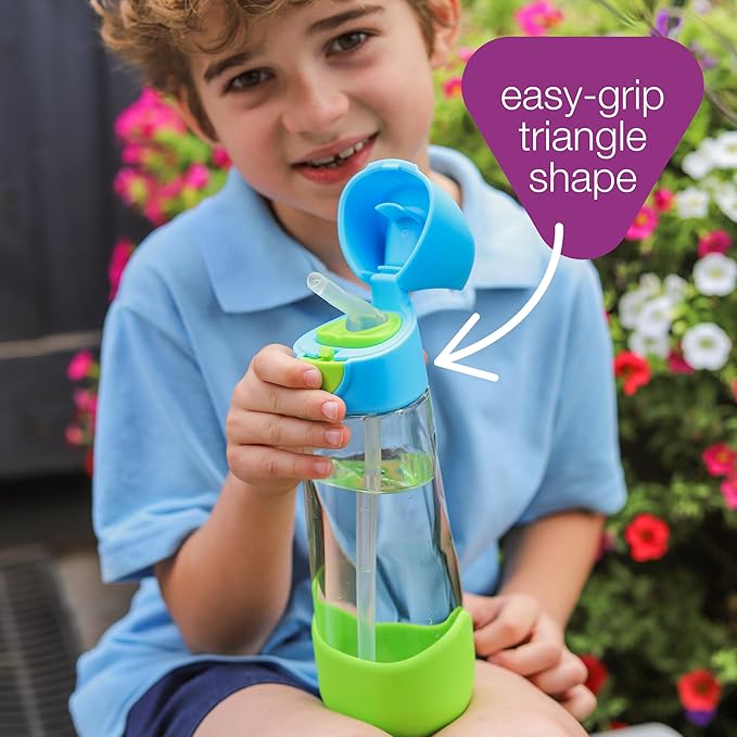 b.box Kids Water Bottle – 20oz Tritan Toddler Drink Bottle with Straw for School, Daycare, Travel w/Easy-Grip Triangular Design, Leak Proof Lid & Handle, BPA Free, Dishwasher Safe (Lilac Pop)