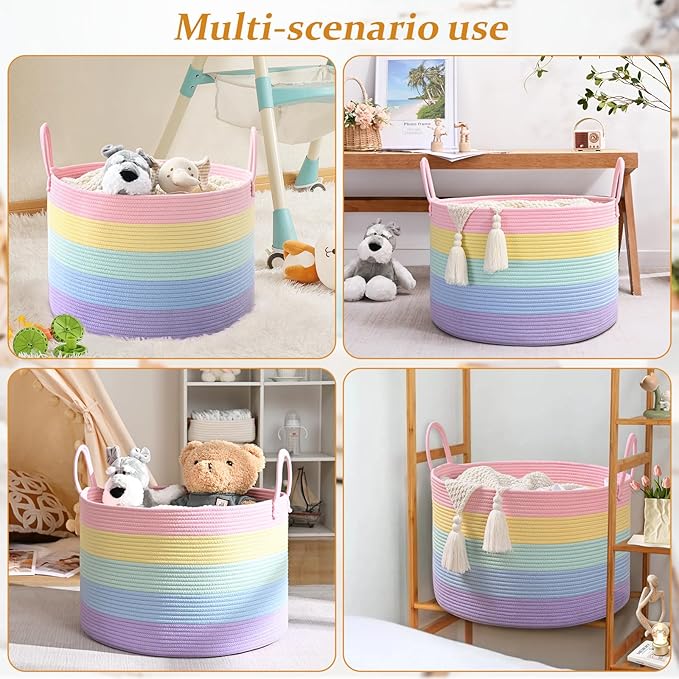 67L Rainbow Storage Basket for Organizing, 20"×13" Large Laundry Baskets, Cotton Rope Woven Blanket Basket, Toy Storage for Kids, Collapsible Blankets Storage for Living Room, Nursery Room