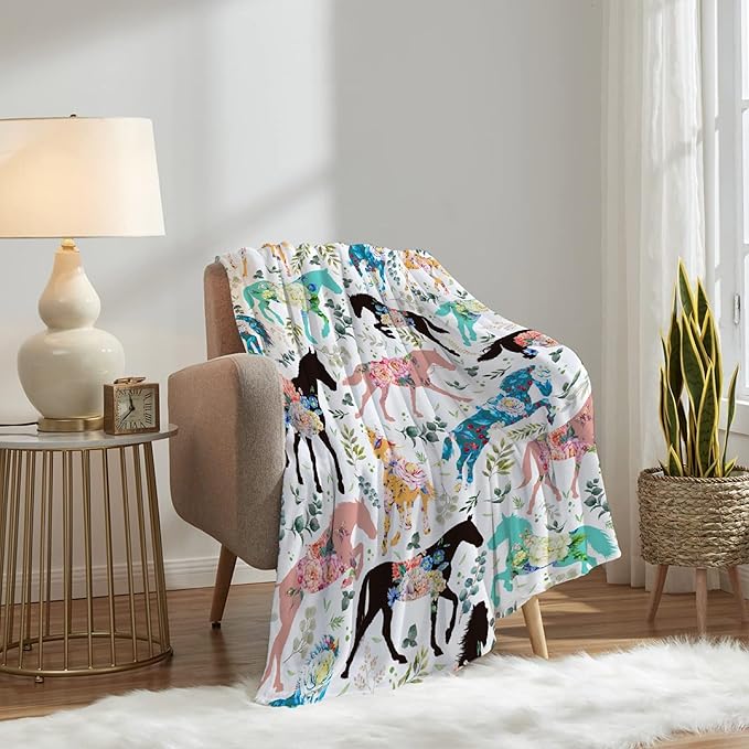 Colorful Floral Horse Blanket for Baby Girls Flowers Animals Throw Blanket for Boys, Lightweight Cute Horse Soft Flannel Blankets for Kids Gifts, 30x40 Inches