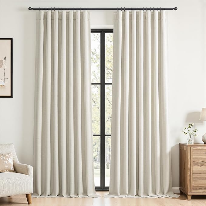 Topfinel Natural Linen Blackout Curtains with Back Tab for Tracks 96 Inch Long, Room Darkening Memory Trained Linen Drapes, Elegant Noise Cancelling Patio Door Curtains, Cream Beige,52" W*96" L