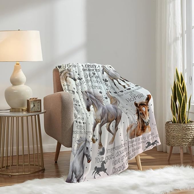 Horse Blanket for Teen Flowers Animals Throw Blanket Gifts for Girls Boys Soft Throws Blankets All Seasons 50×60 Inches for Bed Office