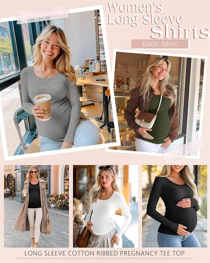 Riyiper 4 Pack Women's Maternity Shirts, Long Sleeve Cotton Ribbed Pregnancy Tee Top Crewneck Side Ruched Casual Mama Clothes