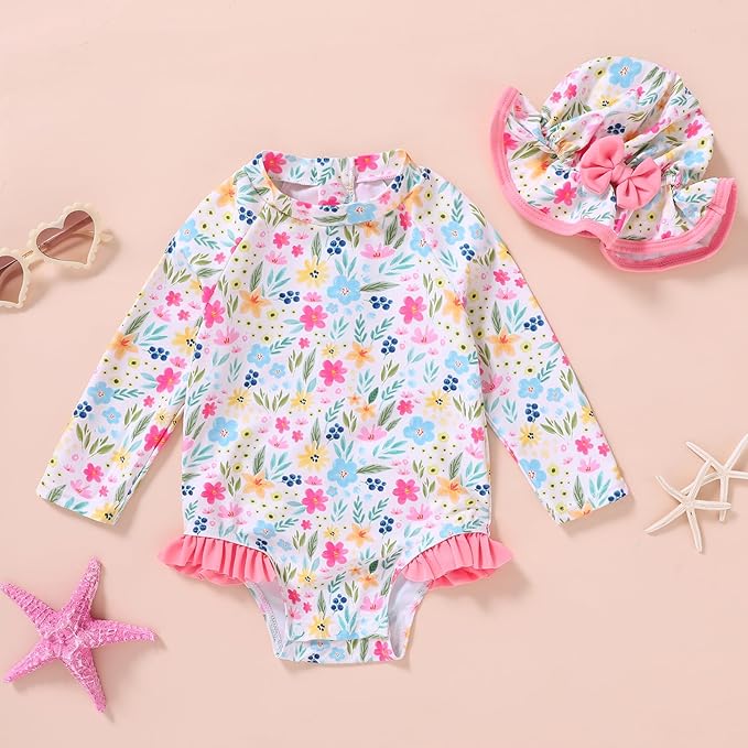 Infant Baby Girl Swimsuit One-Piece Long Sleeve Rash Guard with Hat Set Floral Zipper Bathing Suit Leopard Beach Wear
