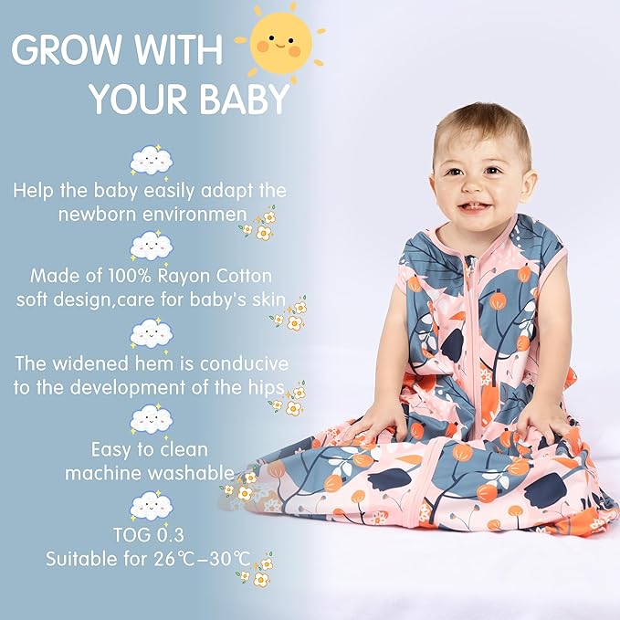 3 Pack Baby Sleep Sack 100% Rayon Cotton Baby Sleeping Bag 2-Way Zipper Toddler Wearable Blankets TOG 0.3. (Gerbera&Tulips&Pink, 18-24 Months)