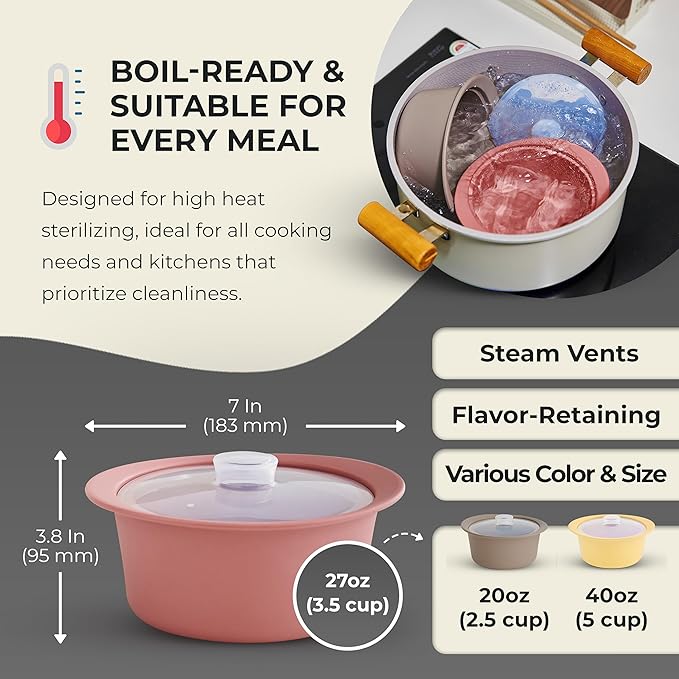 27oz Platinum Silicone Microwave Steamer Pot with Handle & Lid - Korean 100% Food-Grade Steamer Bowl, Heat-Resistant Cooker with Steam Holes, Easy Clean, Dishwasher Safe, Dry Rose