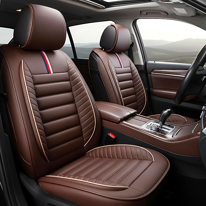 OASIS AUTO Car Seat Covers Premium Waterproof Faux Leather Cushion Universal Accessories Fit SUV Truck Sedan Automotive Vehicle Auto Interior Protector Full Set (OS-001 Brown)