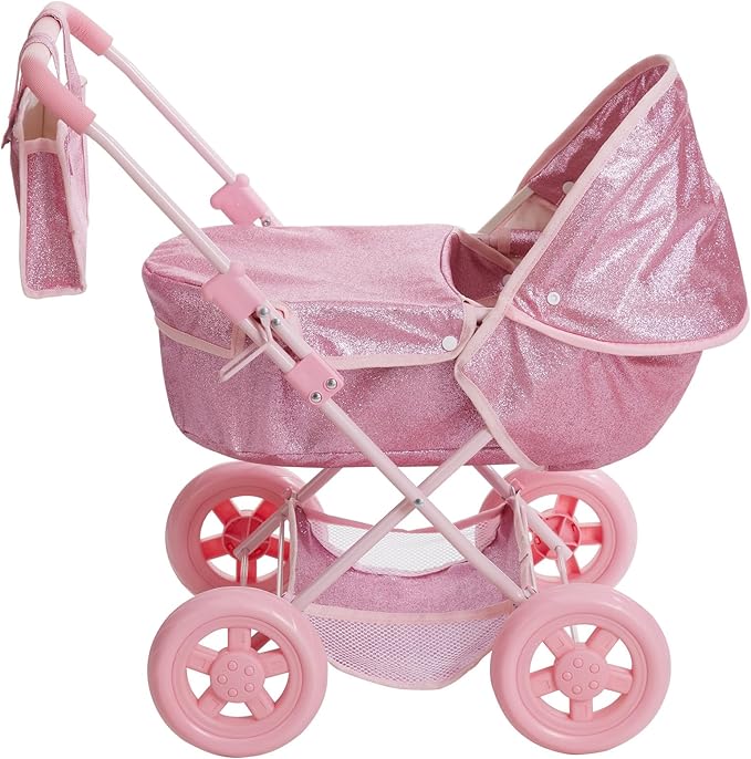Olivia's Little World Baby Doll Bassinet Pram with Cover with Retractable Canopy & Storage, Hot Pink Glitter