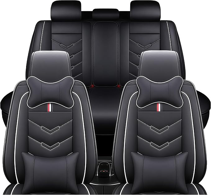 Leather Car Seat Covers Fit for LR Range Rover 2022-2025, 5 Seater Waterproof and Wear-Resistant Seat Cover Interior Accessories(Full Set with Pillow,Black&White)