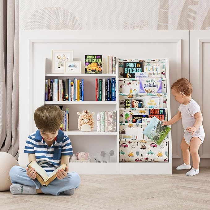 4 Tier Kids Wooden Bookshelf,Five Layer Sling Bookcase,Baby Storage Book Rack,Kids Book and Toy Organizer Cabinet Chest,Infant Book Display,Playroom Kids Room Classroom Nursery Bedroom