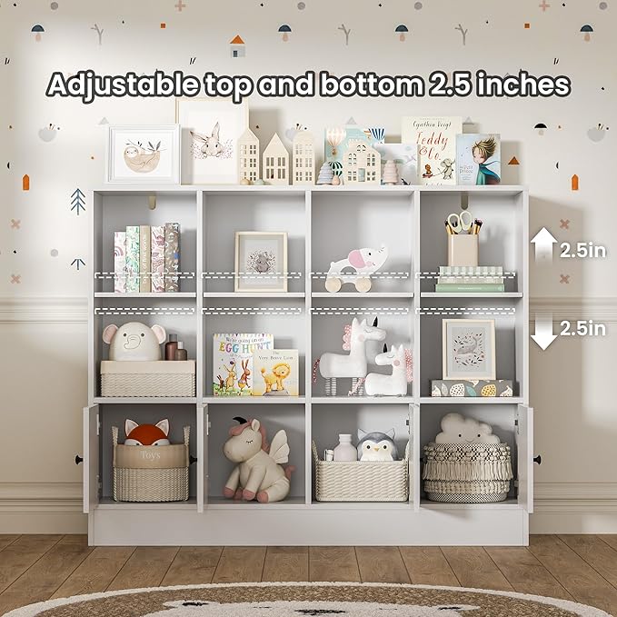 White Bookshelf, Wood Bookcase with 3 Tier Shelves, 12 Cube Storage Organizer with Doors for Bedroom, Living Room, 47.8" W x 39.1" H
