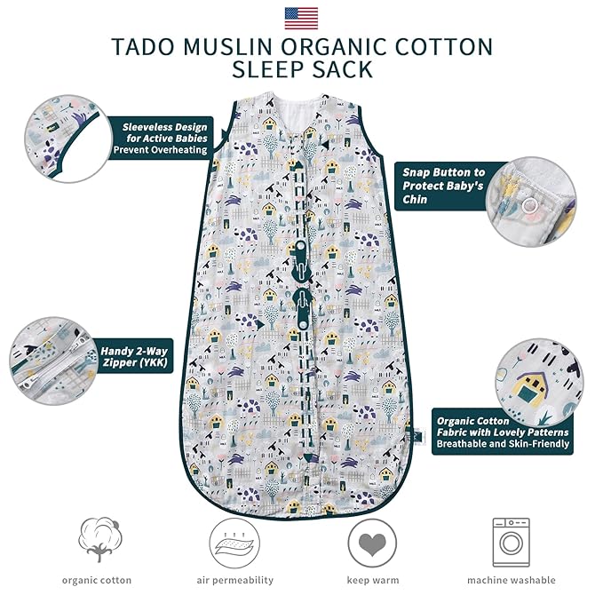 TADO MUSLIN Toddler Sleep Sack 1-2T, 0.5 TOG Lightweight Wearable Blanket, 100% Organic Cotton Muslin, Sleeveless, 2-Way YKK Zipper, OEKO-TEX Certified 12-24 Months Sleeping Bag