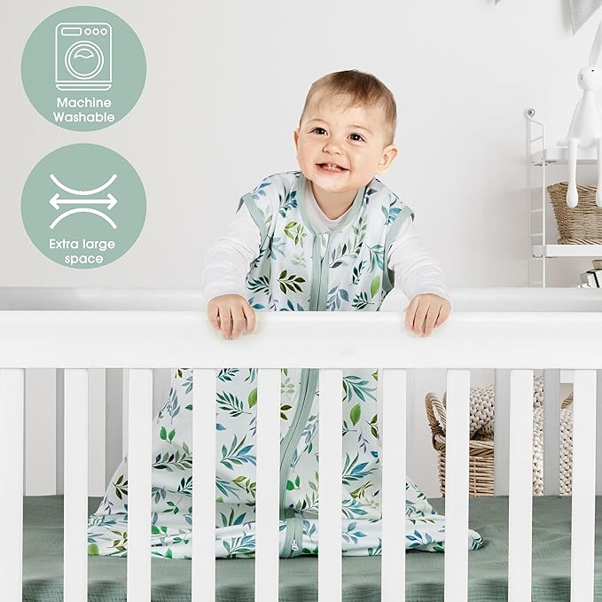 3 Pack Baby Sleep Sack 6-12 Months 100% Rayon Cotton Baby Sleeping Bag 2-Way Zipper Toddler Wearable Blankets Comfy Stretchy TOG 0.3 Lightweight（Banana&leaf&green）