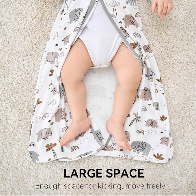 Baby Sleep Sack 12-18 Months, Long Sleeve Baby Wearable Blanket 0.5 Tog with Mittens, 2-Way Zipper Toddler Cotton Sleeping Sack for Boy and Girl Grey Elephant 2 Pack(Large)