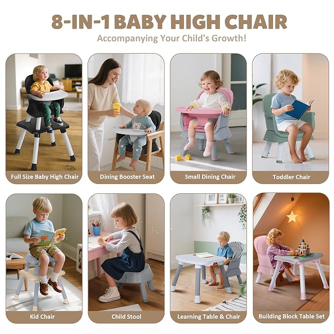 Baby High Chair, 8 in 1 Convertible Highchairs for Babies and Toddlers, Children Dining Booster Seat/Kids Building Block Table for Girls Boys, Baby Seat with Removable Tray, Light Grey