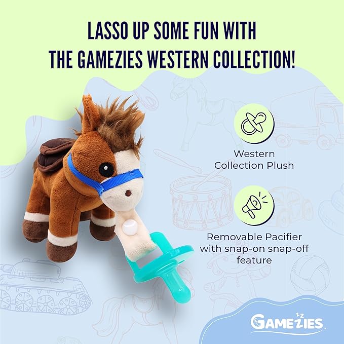 Gamezies Baby Boy and Girl Silicone Pacifier with Detachable Removable, Washable Plush Toy, Horse CPSIA Tested, BPA-Free 0-6 Months