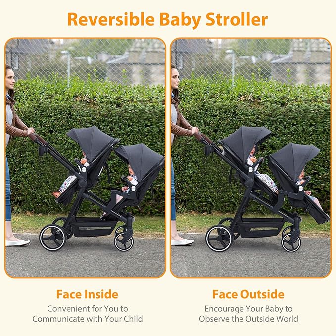 Tandem Double Stroller Newborn and Toddler, Foldable Twin Stroller with Reversible Seat, 5-Point Safety Harness, Adjustable Backrest & Canopy, Storage Basket, Dark Grey