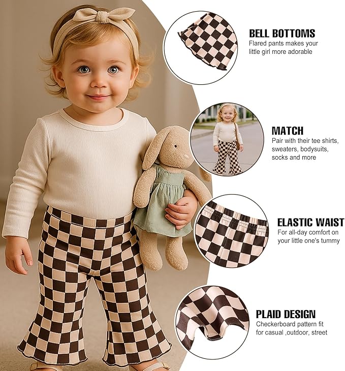 SOBOWO Checkered Baby Girl Flare Pants 3 Pack Toddler Bell Bottoms Plaid Ruffle Leggings Pants Fall Winter Outfits Size 6M-4T