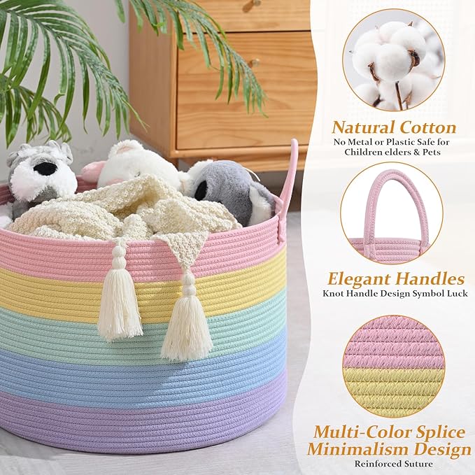 67L Rainbow Storage Basket for Organizing, 20"×13" Large Laundry Baskets, Cotton Rope Woven Blanket Basket, Toy Storage for Kids, Collapsible Blankets Storage for Living Room, Nursery Room