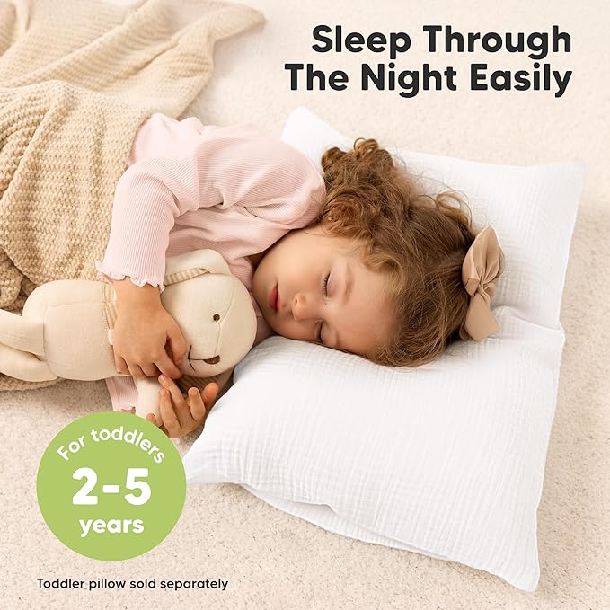 KeaBabies Muslin Toddler Pillowcase 13x18 Only – 2-Pack Organic Cotton Muslin Pillow Case for Kids, Girls, Boys, Small Travel Size Cover, Soft & Breathable Toddler Pillow Sold Separately (Soft White)