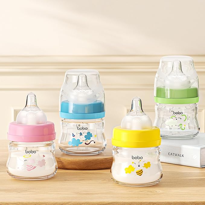 YOHKOH Glass Baby Bottles with Slow Flow Nipple, Newborn Anti-Colic Baby Bottles for 0+ Months, Wide Neck Feeding Bottle, Clear (Blue, 2.7oz (Pack of 4))