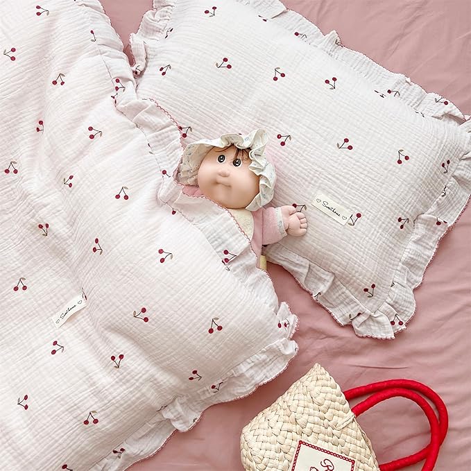 AOJIM Pink Cotton Muslin Kids Toddler Pillowcase Super Soft Baby Crib Bedding Pillowcase with Ruffle Edges Machine Washable Cherry Nursery Pillowcase for Boys Girls, Durable Kids Pillow Cover, 14x20''