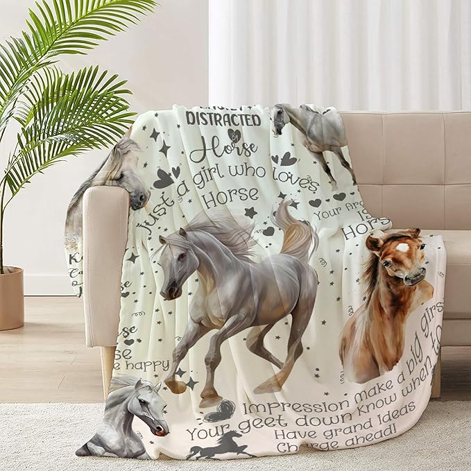 Horse Throw Blanket for Women Men Flowers Animals Blanket Gifts for Adults Cute Horse Lightweight Blanket 60X80 Inches for Bed All Season