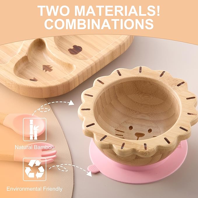 Suction Plates Bowls Set for Baby Toddler Non-Toxic Bamboo Feeding Set with Silicone Fork & Spoon (Pink Feeding Set)