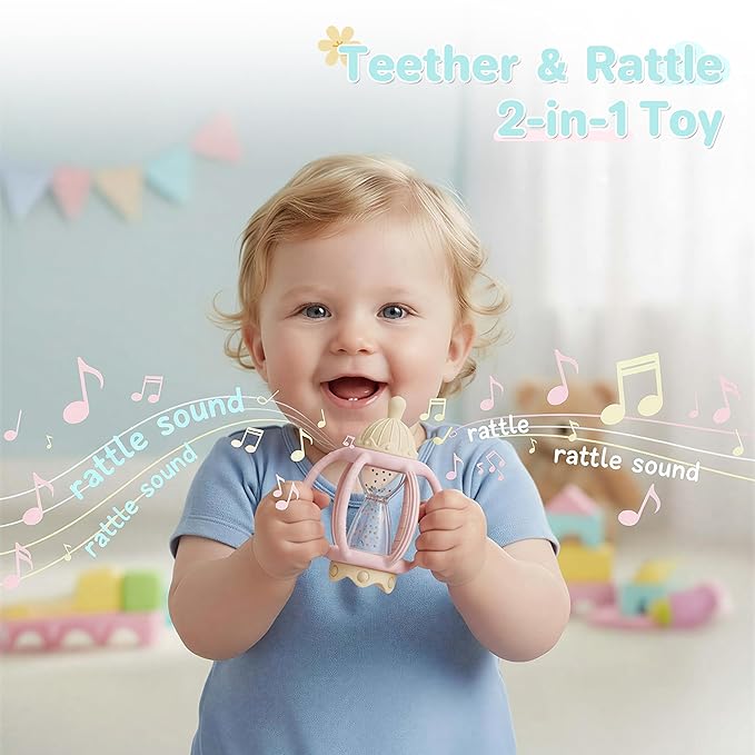 Baby Montessori Sensory Toys Baby Teething Toys Silicone Teethers for 3-6 6-12 Months Gifts for Newborn Infant Boys Girls (Pink)